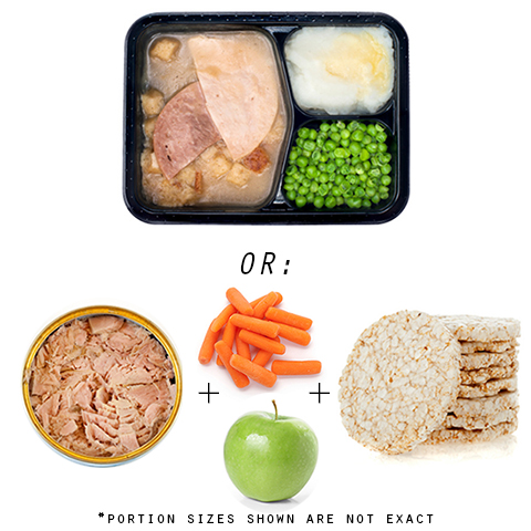 Photo: Microwaveable dinner, canned tuna, carrots, apple, brown rice cake