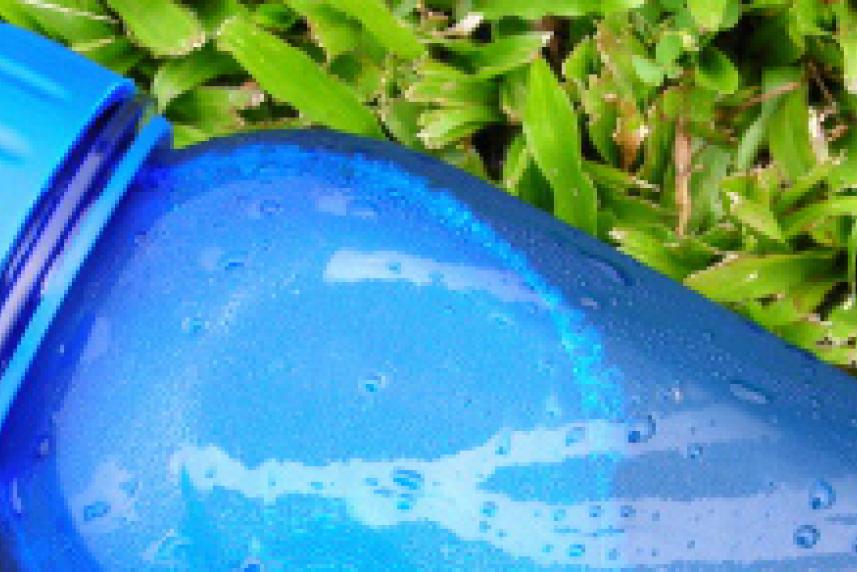 Photo: Blue water bottle laying on green grass