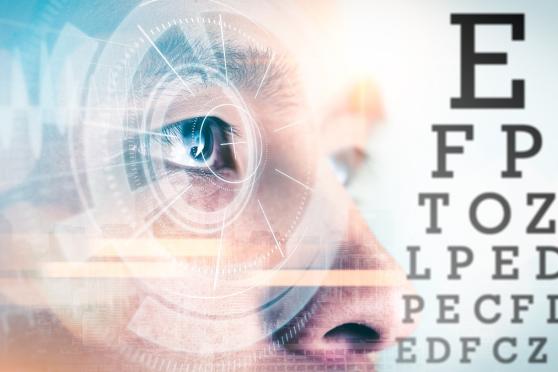 Man staring into futuristic eye exam, eye test